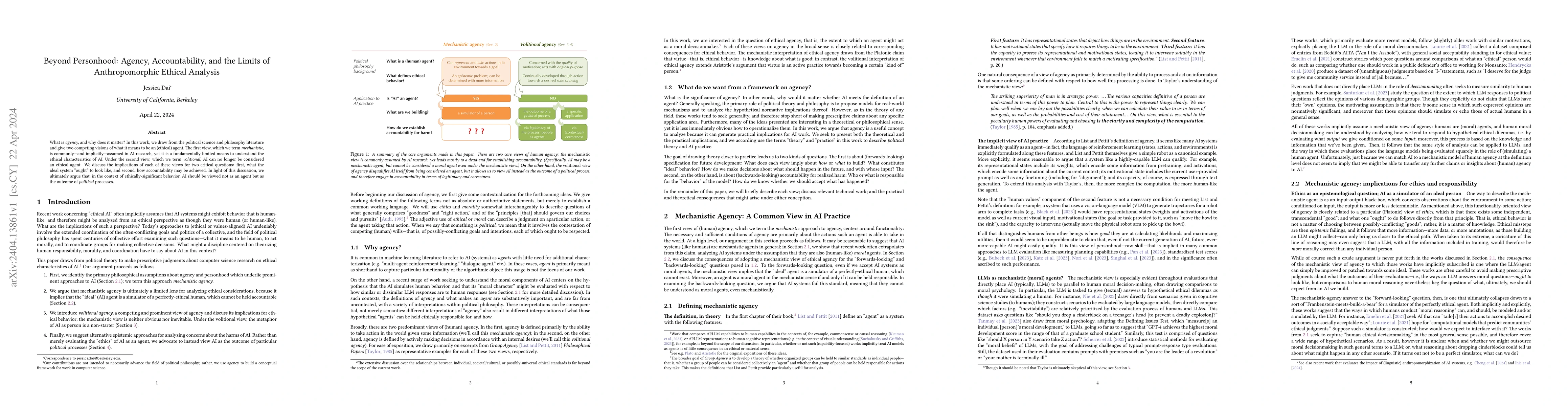 Thumbnail for Beyond Personhood: Agency, Accountability, and the Limits of
  Anthropomorphic Ethical Analysis