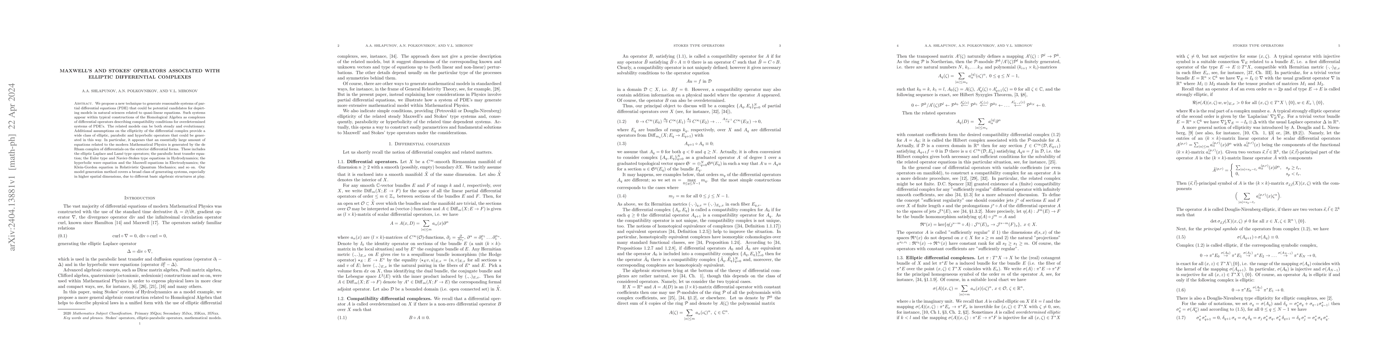 Thumbnail for Maxwell's and Stokes' operators associated with elliptic differential
  complexes