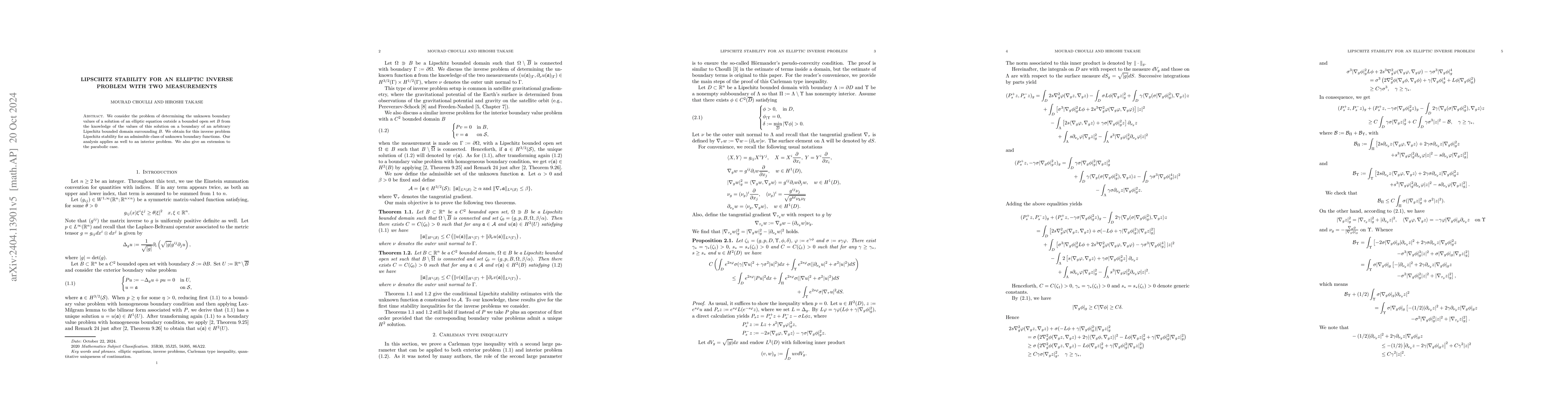 Thumbnail for Lipschitz stability for an elliptic inverse problem with two
  measurements