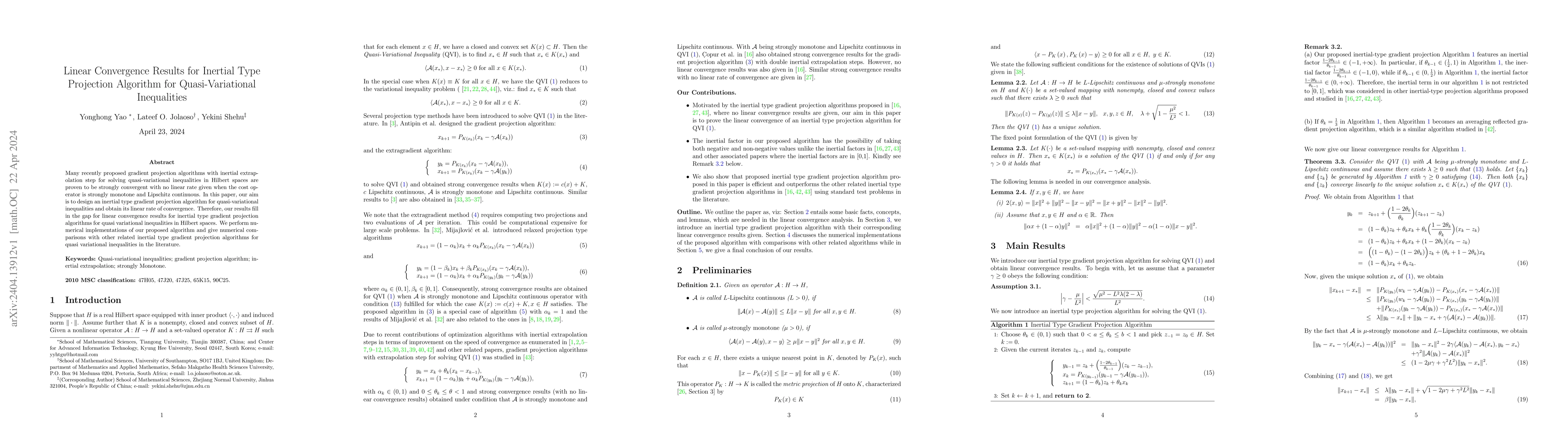 Thumbnail for Linear Convergence Results for Inertial Type Projection Algorithm for
  Quasi-Variational Inequalities