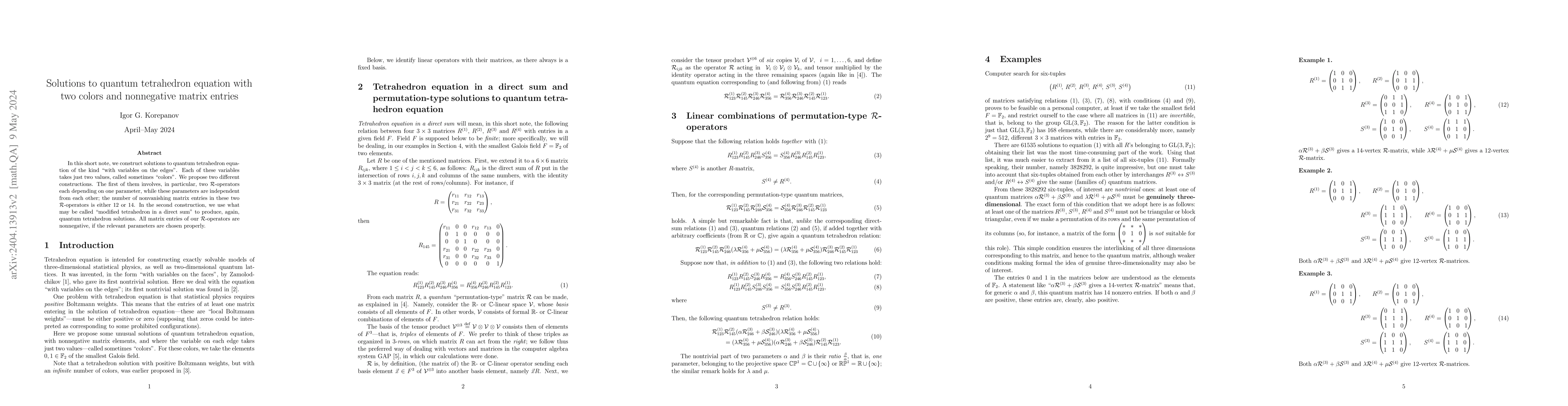 Thumbnail for Solutions to quantum tetrahedron equation with two colors and
  nonnegative matrix entries