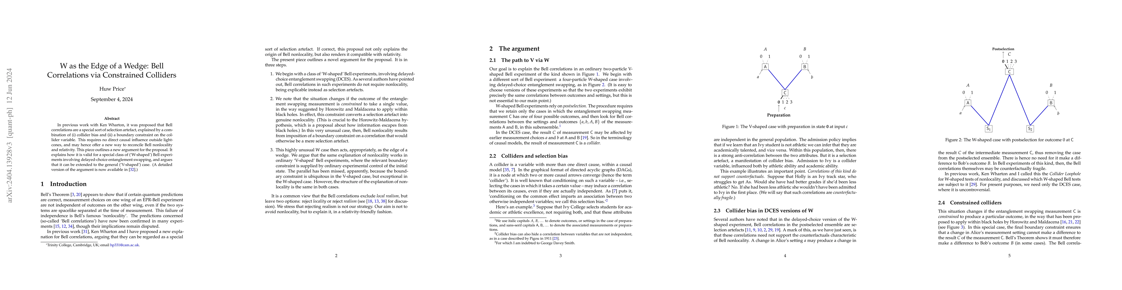 Thumbnail for W as the Edge of a Wedge: Bell Correlations via Constrained Colliders