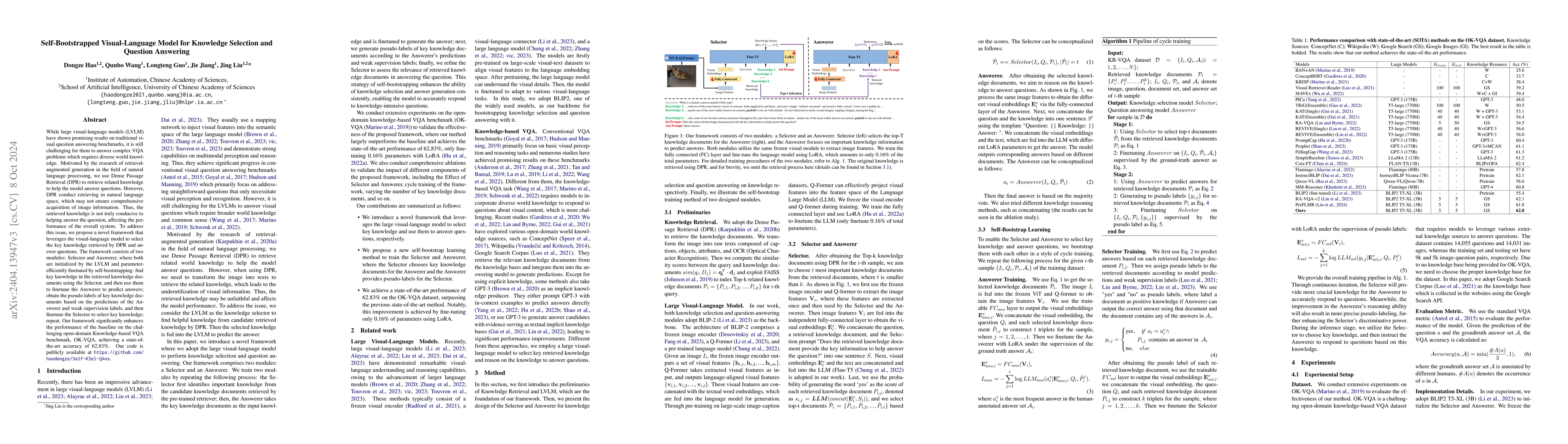 Thumbnail for Self-Bootstrapped Visual-Language Model for Knowledge Selection and
  Question Answering