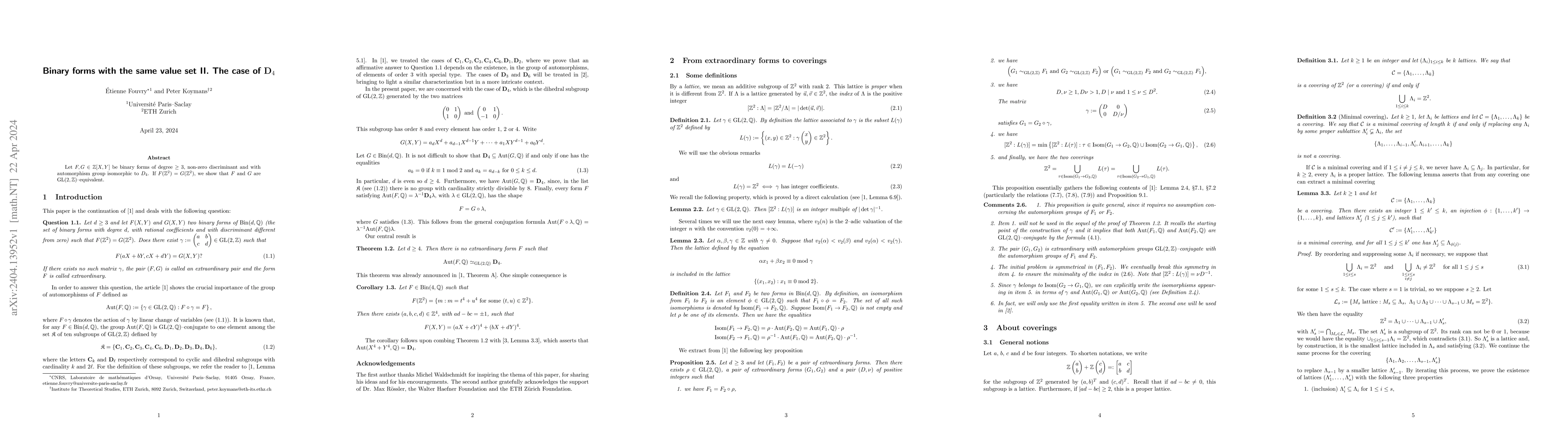 Thumbnail for Binary forms with the same value set II. The case of ${\bf D}_4$