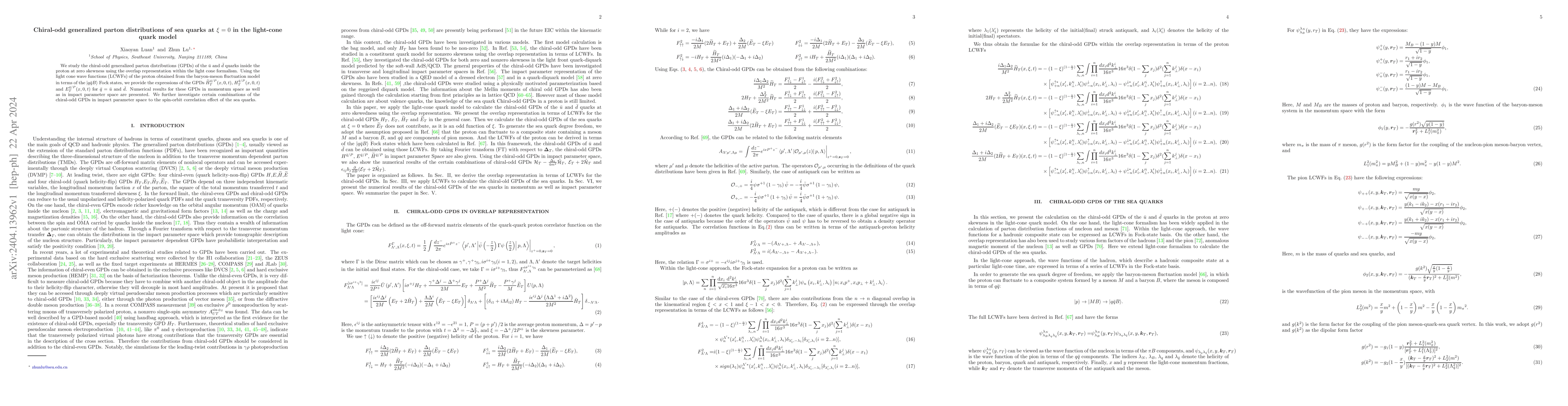 Thumbnail for Chiral-odd generalized parton distributions of sea quarks at $\xi=0$ in
  the light-cone quark model