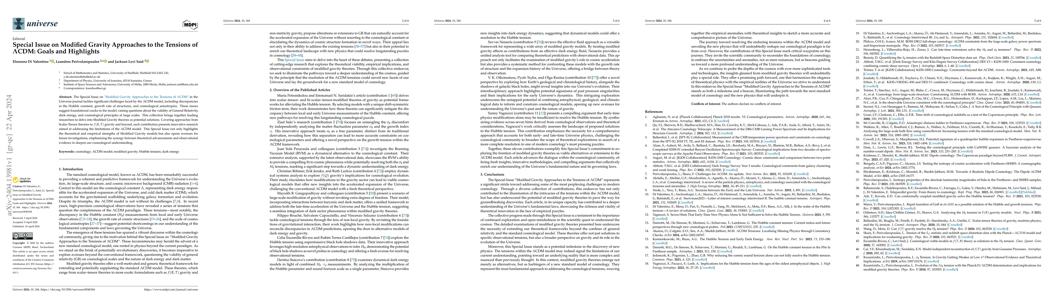 Thumbnail for Special Issue on Modified Gravity Approaches to the Tensions of
  $\Lambda$CDM: Goals and Highlights