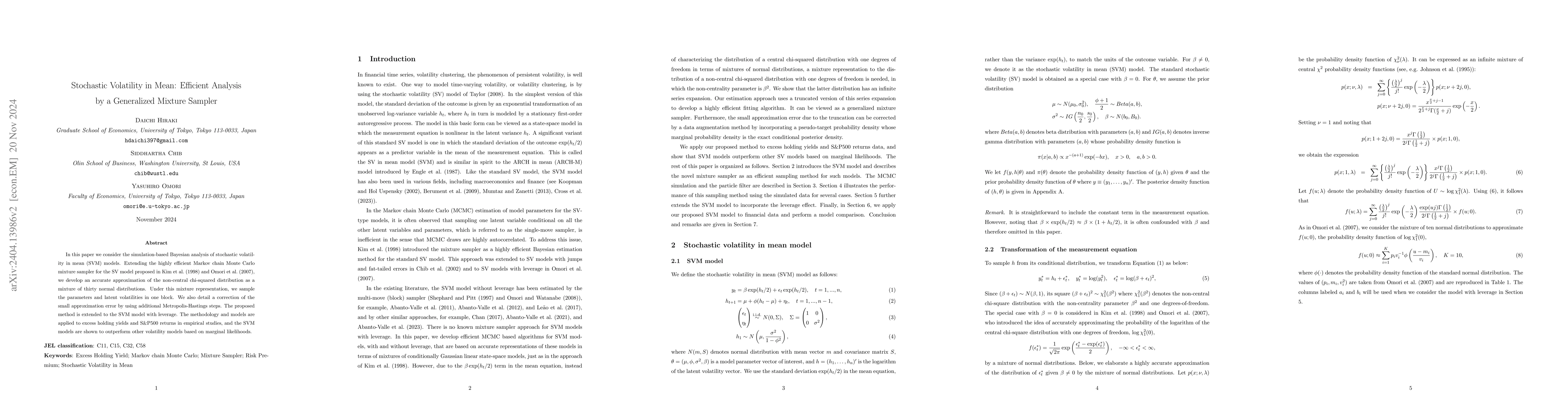 Thumbnail for Stochastic Volatility in Mean: Efficient Analysis by a Generalized
  Mixture Sampler