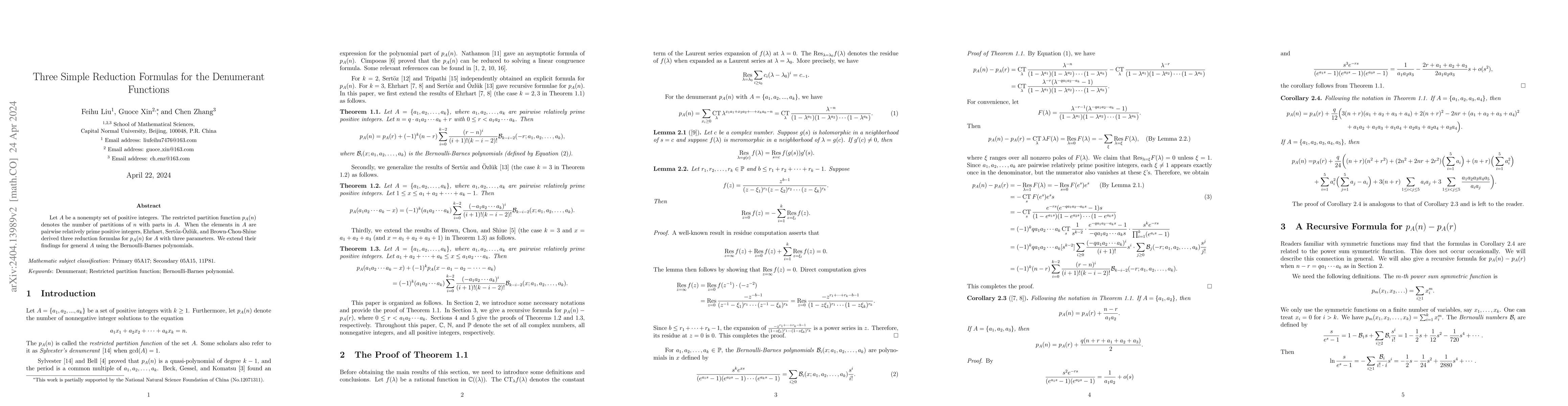 Thumbnail for Three Simple Reduction Formulas for the Denumerant Functions