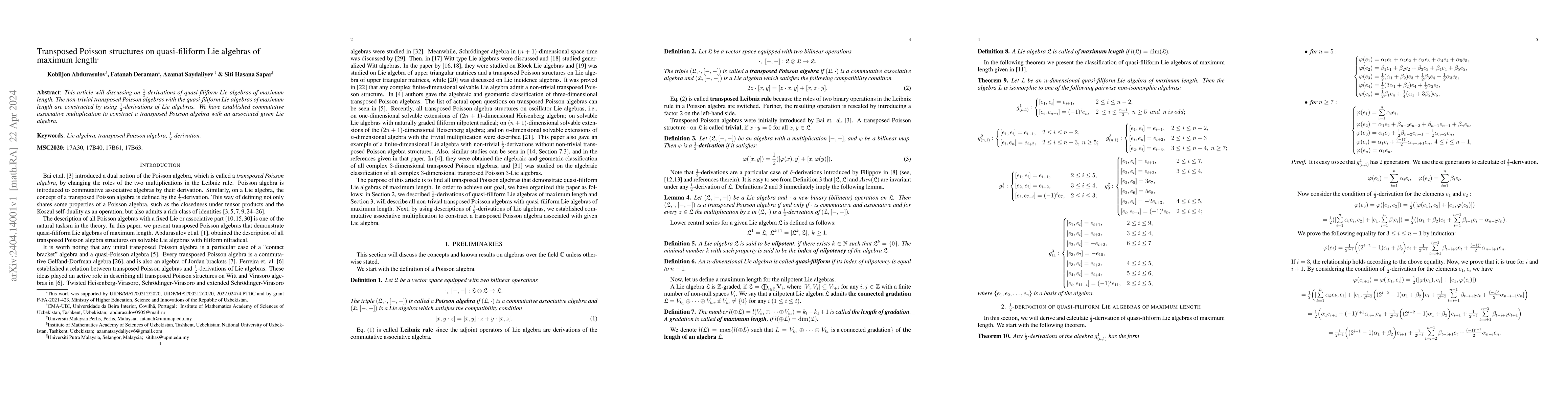 Thumbnail for Transposed Poisson structures on quasi-filiform Lie algebras of maximum
  length