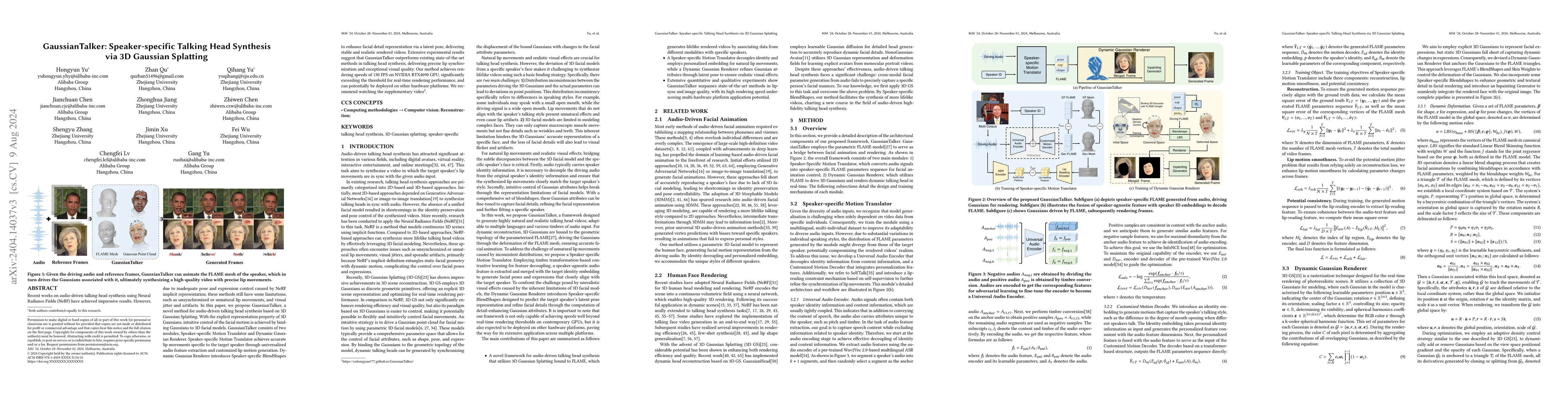 Thumbnail for GaussianTalker: Speaker-specific Talking Head Synthesis via 3D Gaussian
  Splatting