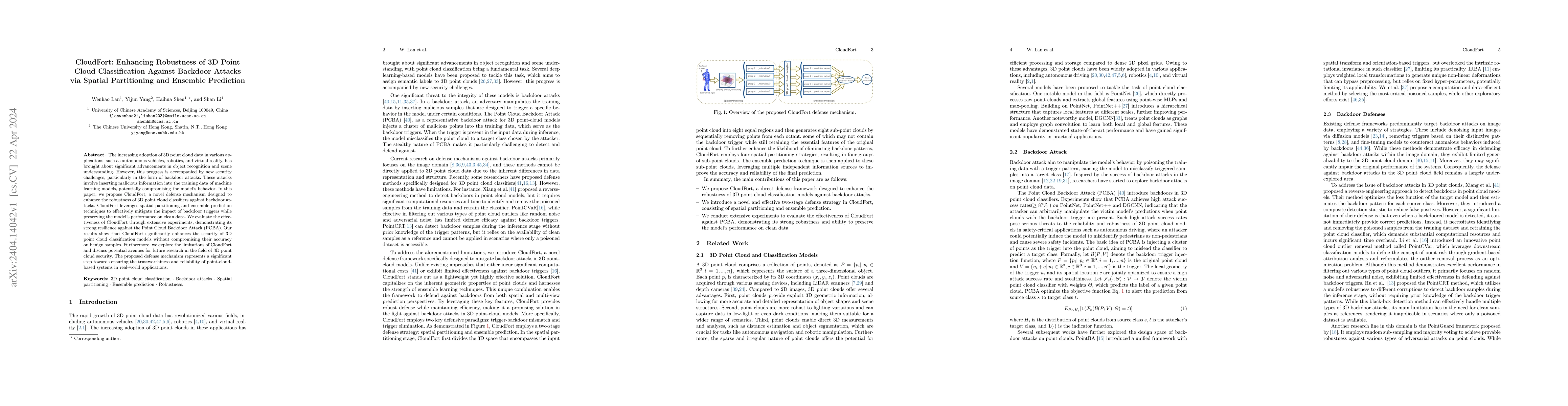 Thumbnail for CloudFort: Enhancing Robustness of 3D Point Cloud Classification Against
  Backdoor Attacks via Spatial Partitioning and Ensemble Prediction