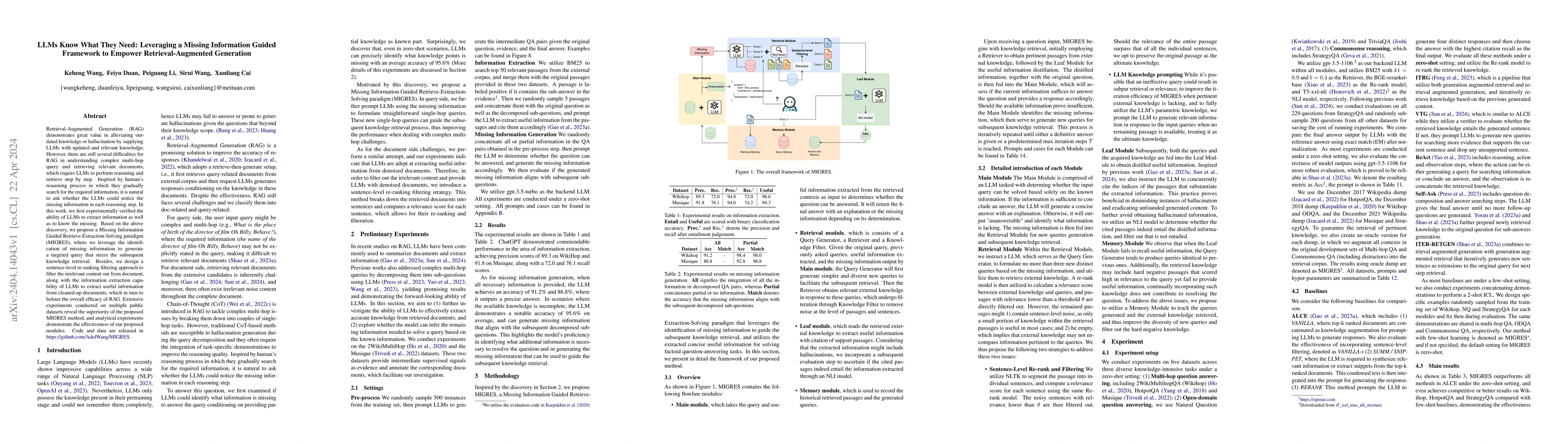 Thumbnail for LLMs Know What They Need: Leveraging a Missing Information Guided
  Framework to Empower Retrieval-Augmented Generation