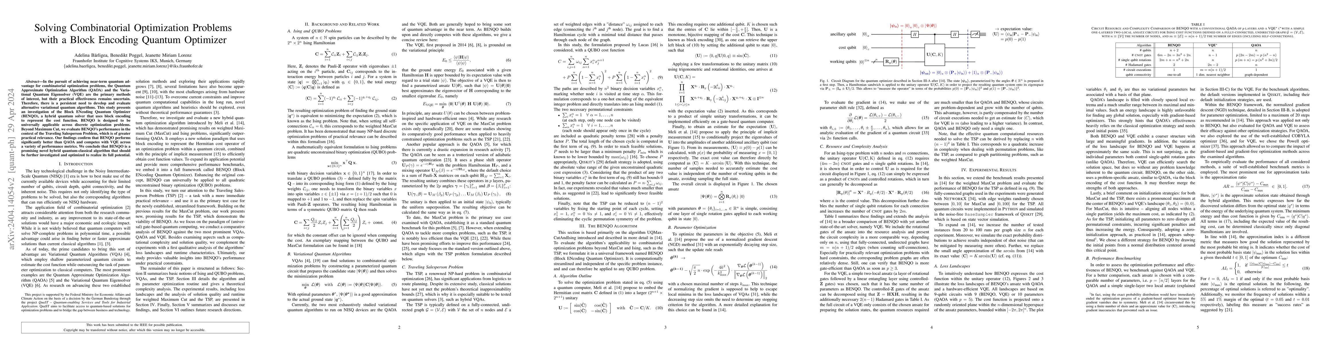 Thumbnail for Solving Combinatorial Optimization Problems with a Block Encoding
  Quantum Optimizer