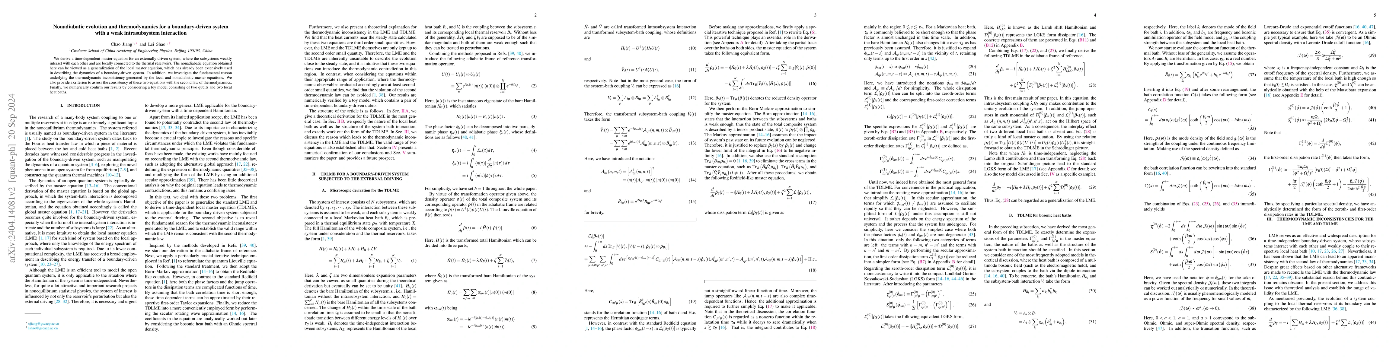 Thumbnail for Nonadiabatic evolution and thermodynamics for a boundary-driven system
  with a weak intrasubsystem interaction