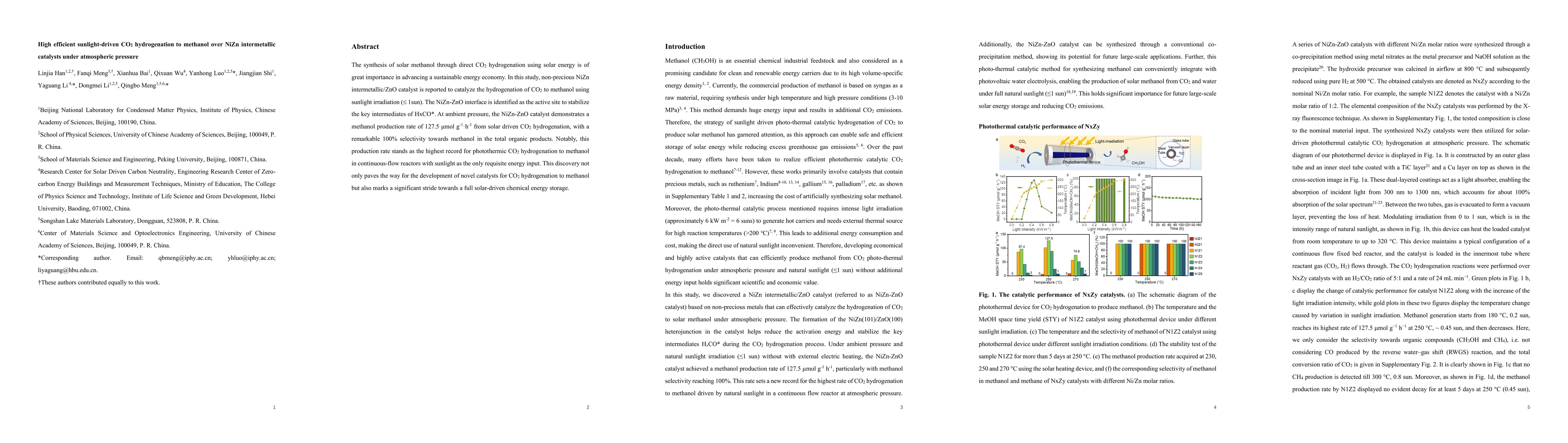 Thumbnail for High efficient sunlight-driven CO2 hydrogenation to methanol over NiZn
  intermetallic catalysts under atmospheric pressure