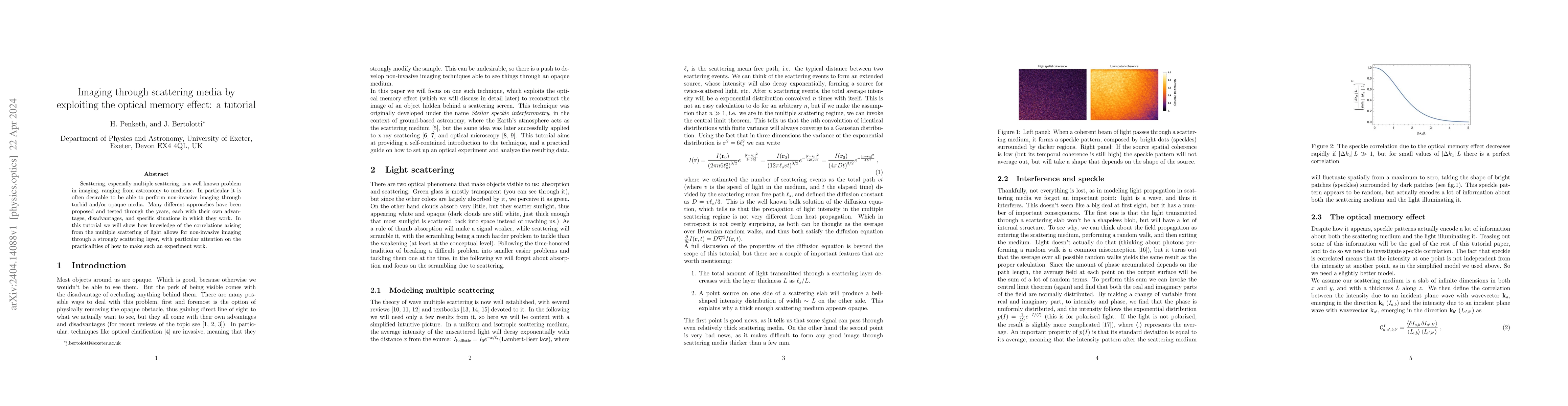 Thumbnail for Imaging through scattering media by exploiting the optical memory
  effect: a tutorial