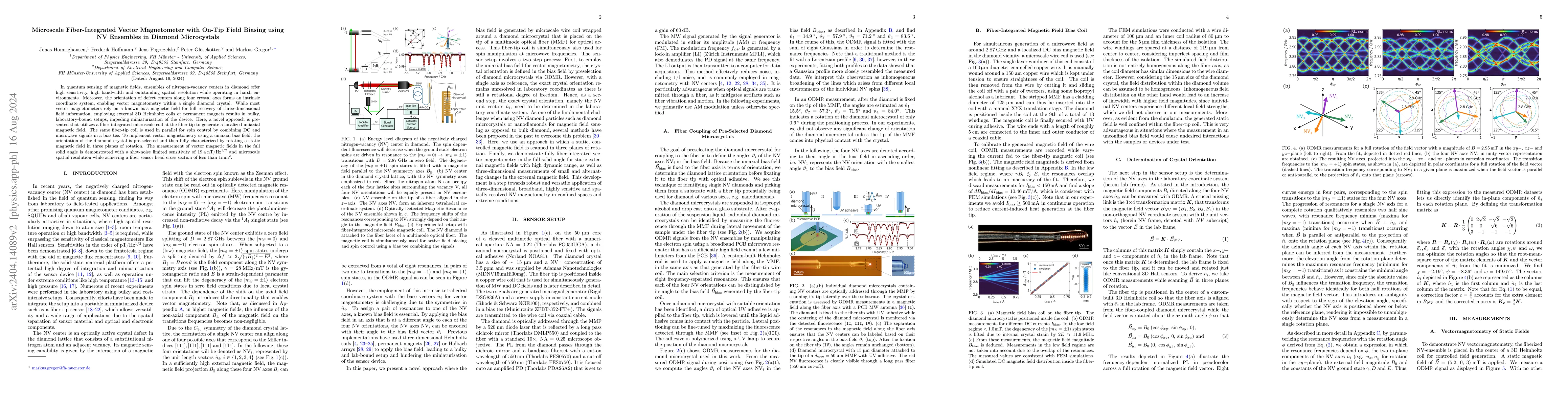 Thumbnail for Microscale Fiber-Integrated Vector Magnetometer with On-Tip Field
  Biasing using NV Ensembles in Diamond Microcystals