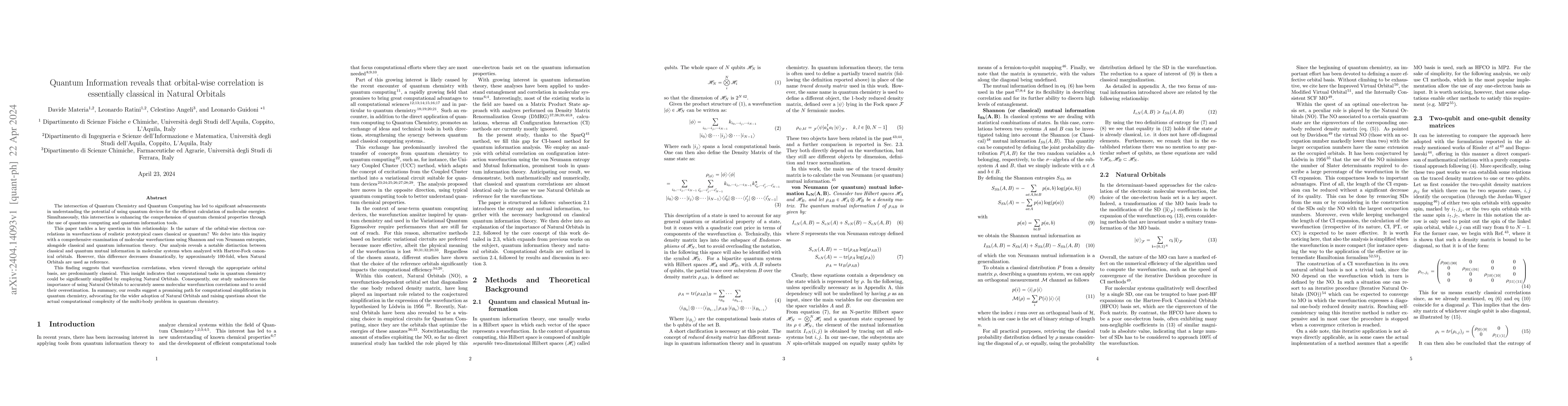 Thumbnail for Quantum Information reveals that orbital-wise correlation is essentially
  classical in Natural Orbitals