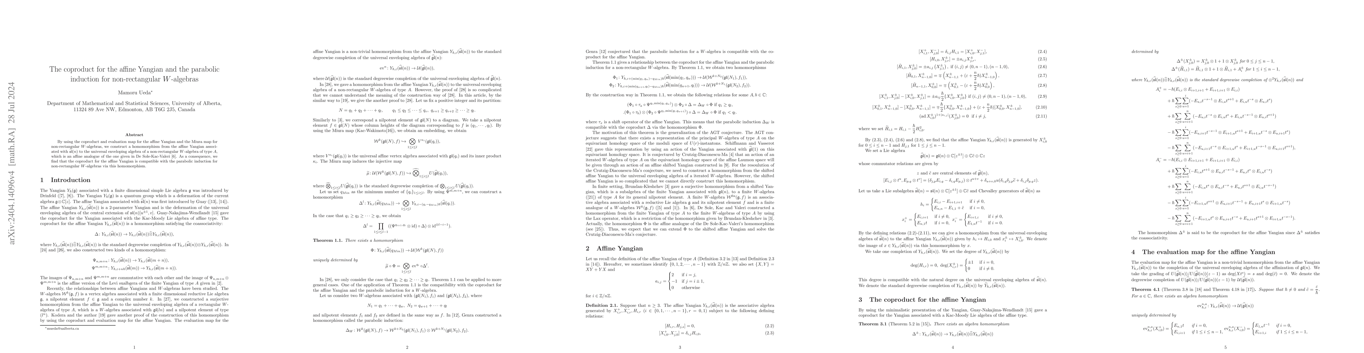 Thumbnail for The coproduct for the affine Yangian and the parabolic induction for
  non-rectangular $W$-algebras