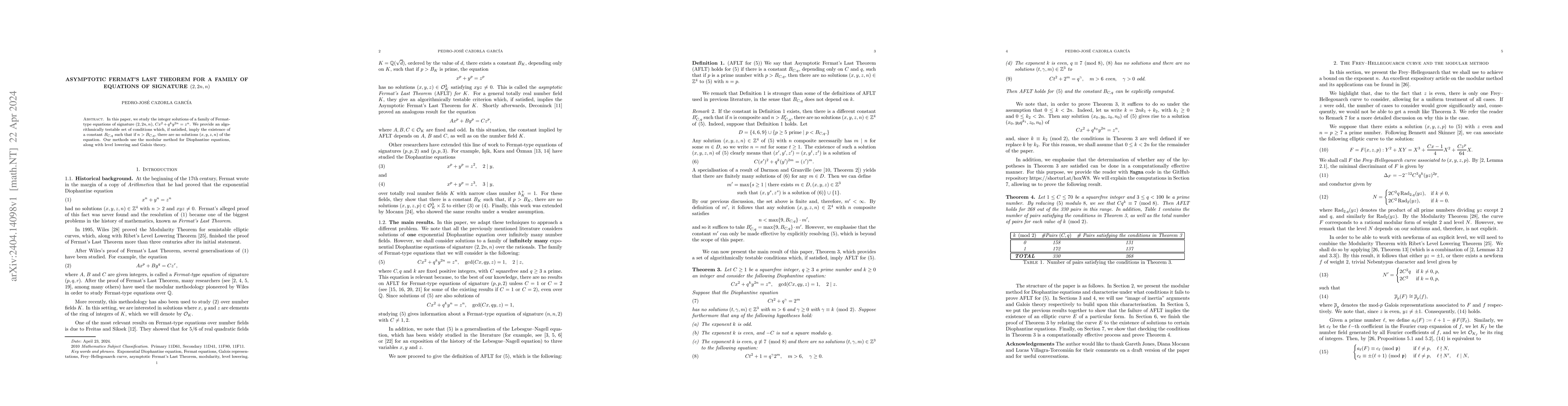 Thumbnail for Asymptotic Fermat's Last Theorem for a family of equations of signature
  $(2, 2n, n)$