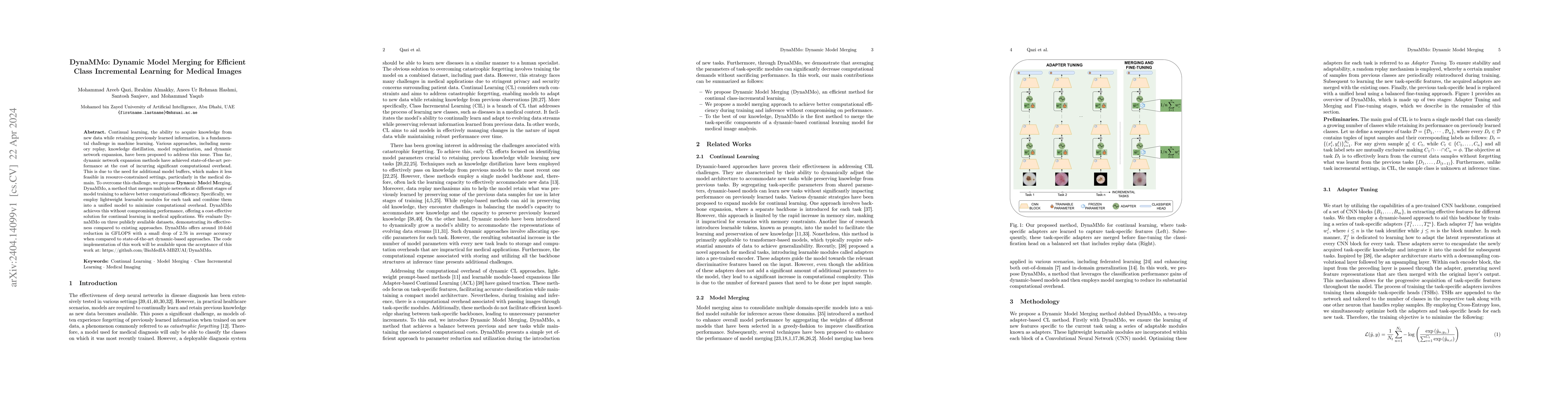 Thumbnail for DynaMMo: Dynamic Model Merging for Efficient Class Incremental Learning
  for Medical Images