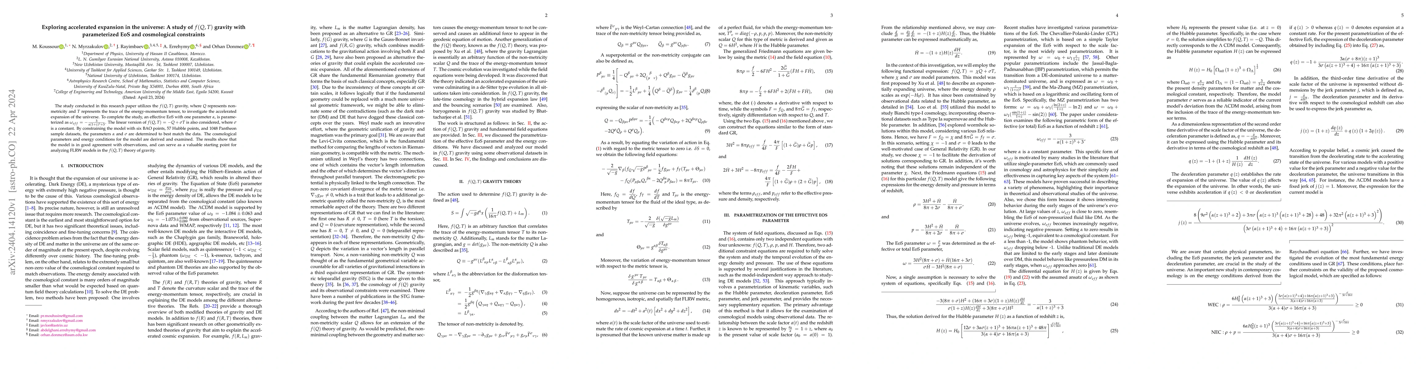 Thumbnail for Exploring accelerated expansion in the universe: A study of $f(Q,T)$
  gravity with parameterized EoS and cosmological constraints