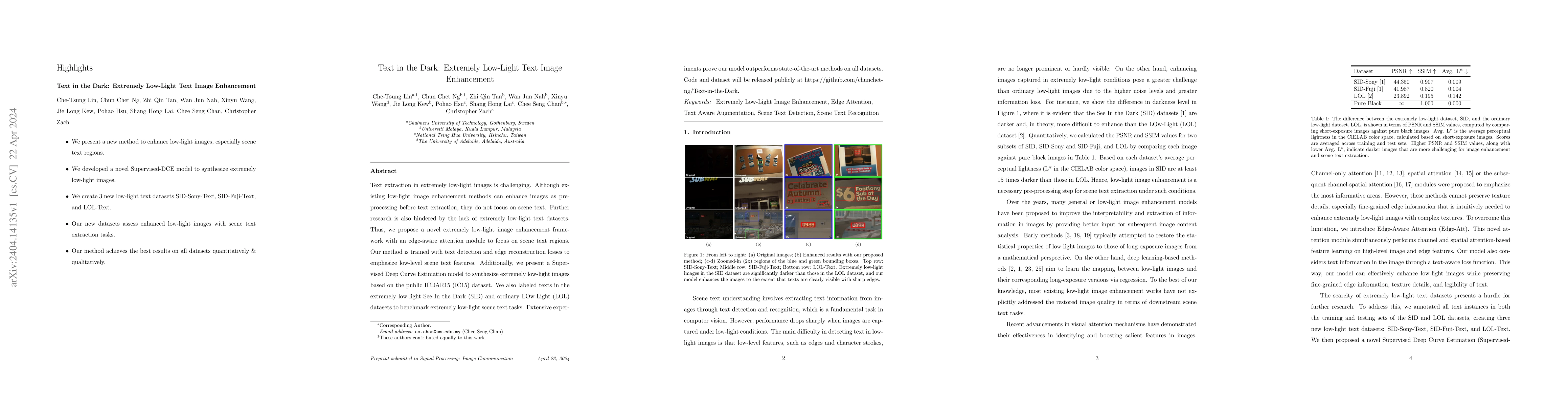 Thumbnail for Text in the Dark: Extremely Low-Light Text Image Enhancement