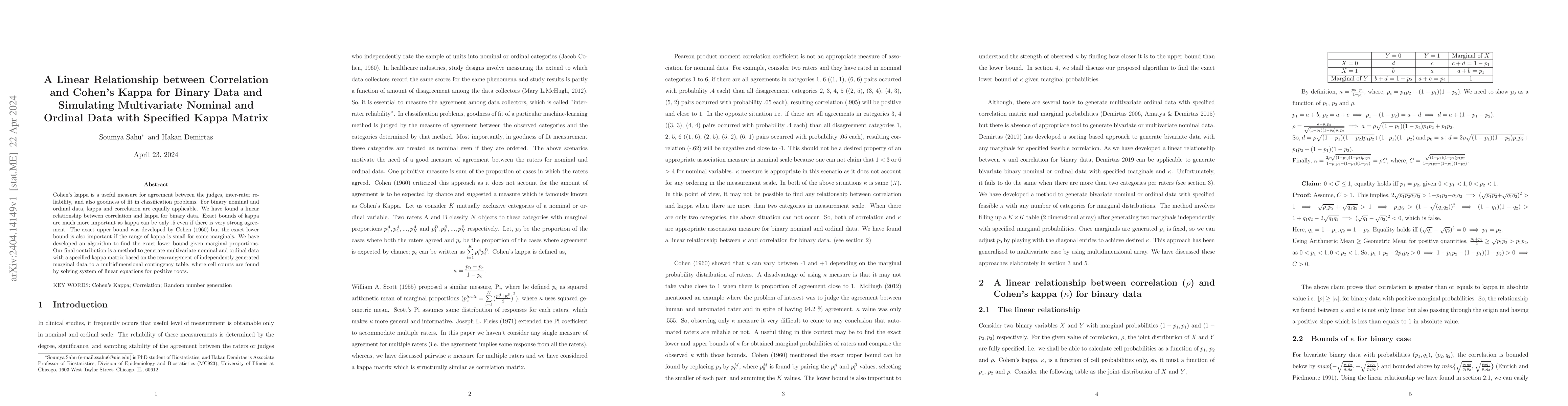 Thumbnail for A Linear Relationship between Correlation and Cohen's Kappa for Binary
  Data and Simulating Multivariate Nominal and Ordinal Data with Specified
  Kappa Matrix