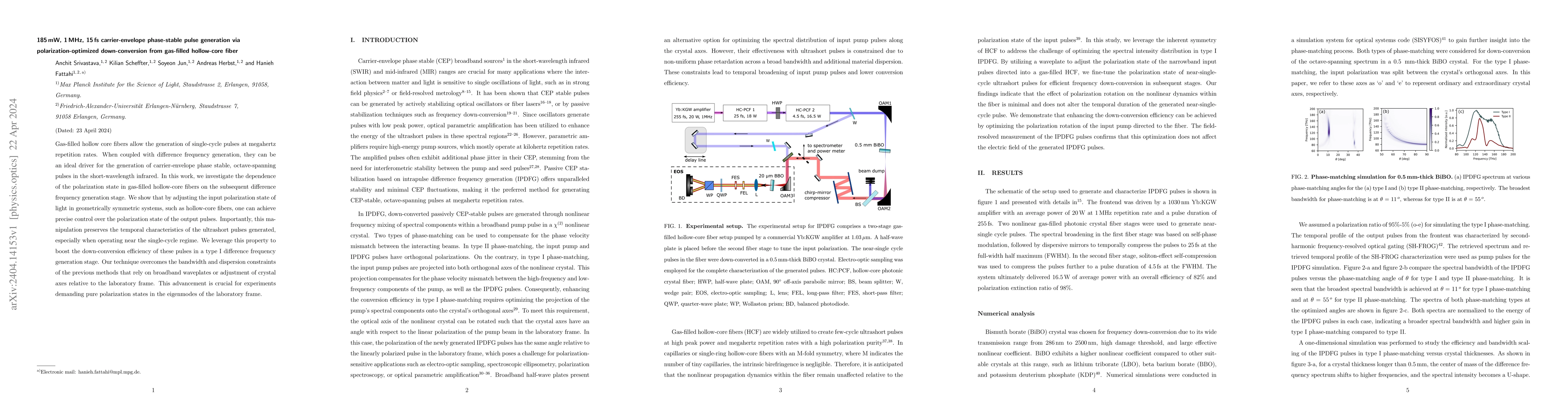 Thumbnail for 185 mW, 1 MHz, 15 fs carrier-envelope phase-stable pulse generation via
  polarization-optimized down-conversion from gas-filled hollow-core fiber