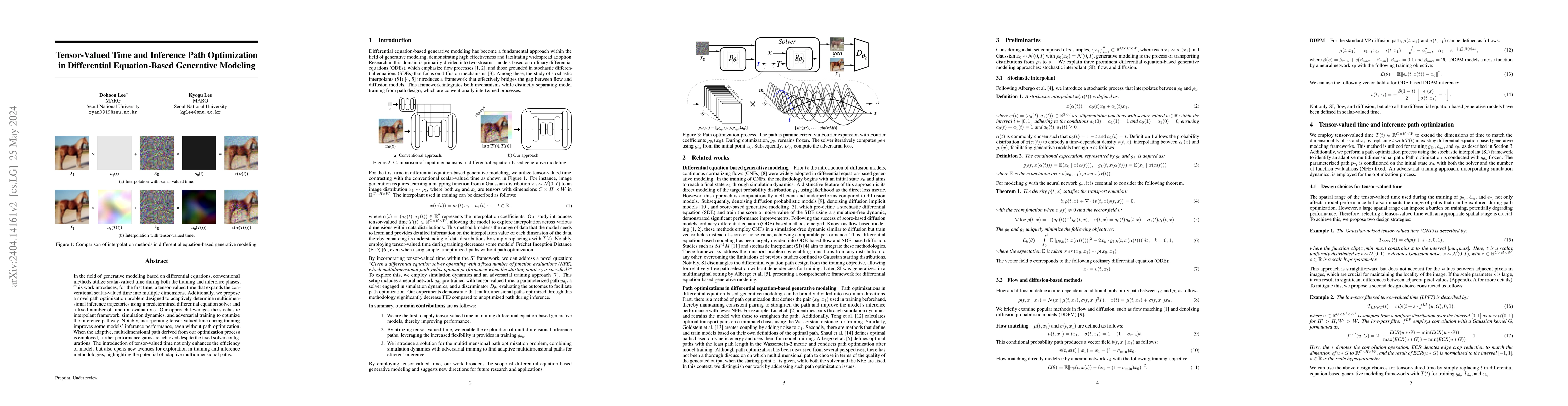 Thumbnail for Tensor-Valued Time and Inference Path Optimization in Differential
  Equation-Based Generative Modeling