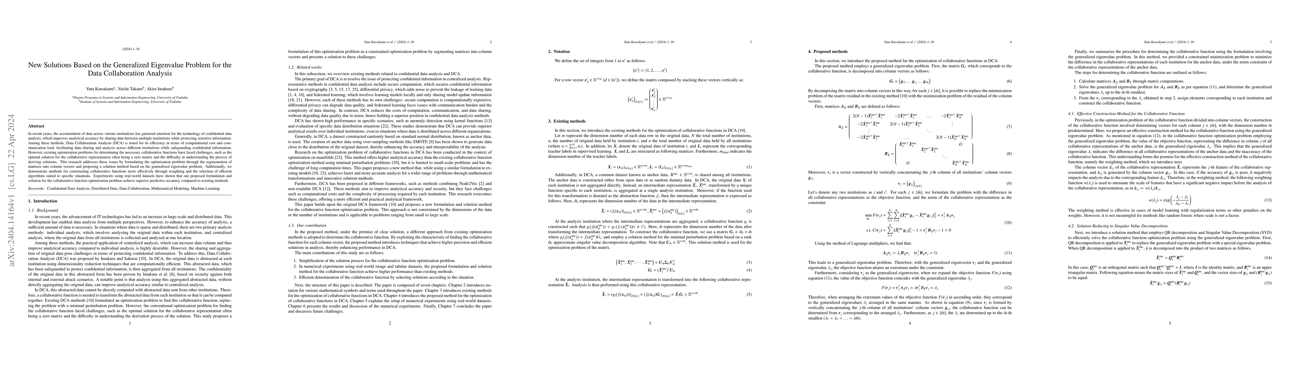 Thumbnail for New Solutions Based on the Generalized Eigenvalue Problem for the Data
  Collaboration Analysis