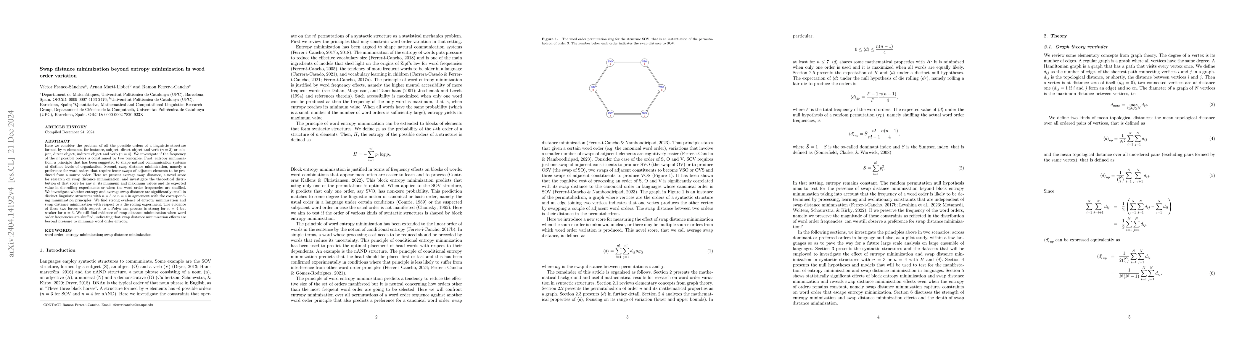 Thumbnail for Swap distance minimization beyond entropy minimization in word order
  variation