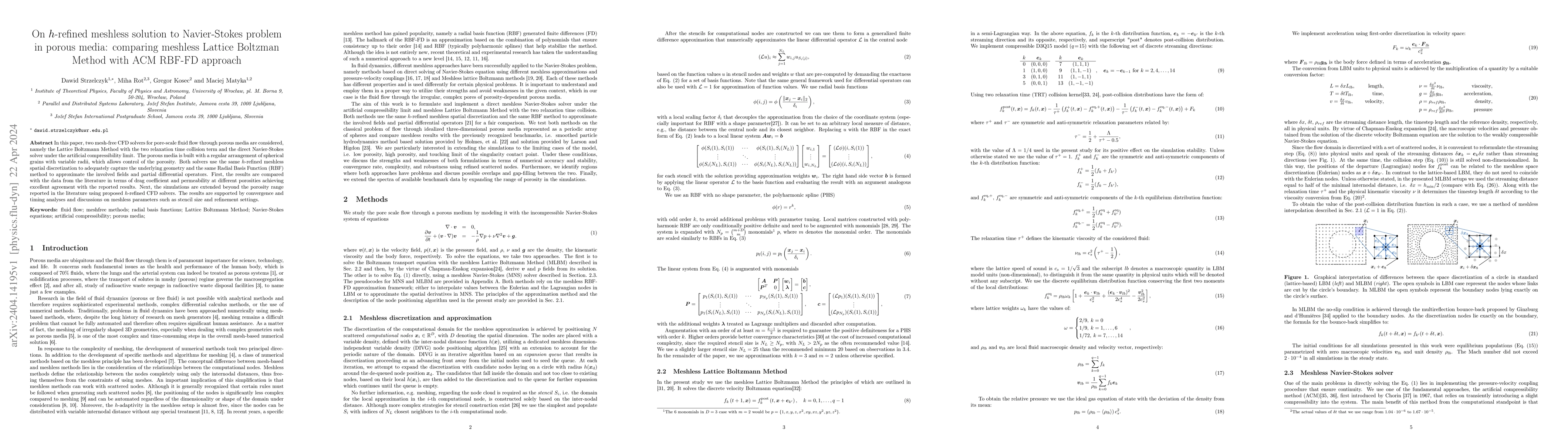Thumbnail for On h-refined meshless solution to Navier-Stokes problem in porous media:
  comparing meshless Lattice Boltzman Method with ACM RBF-FD approach