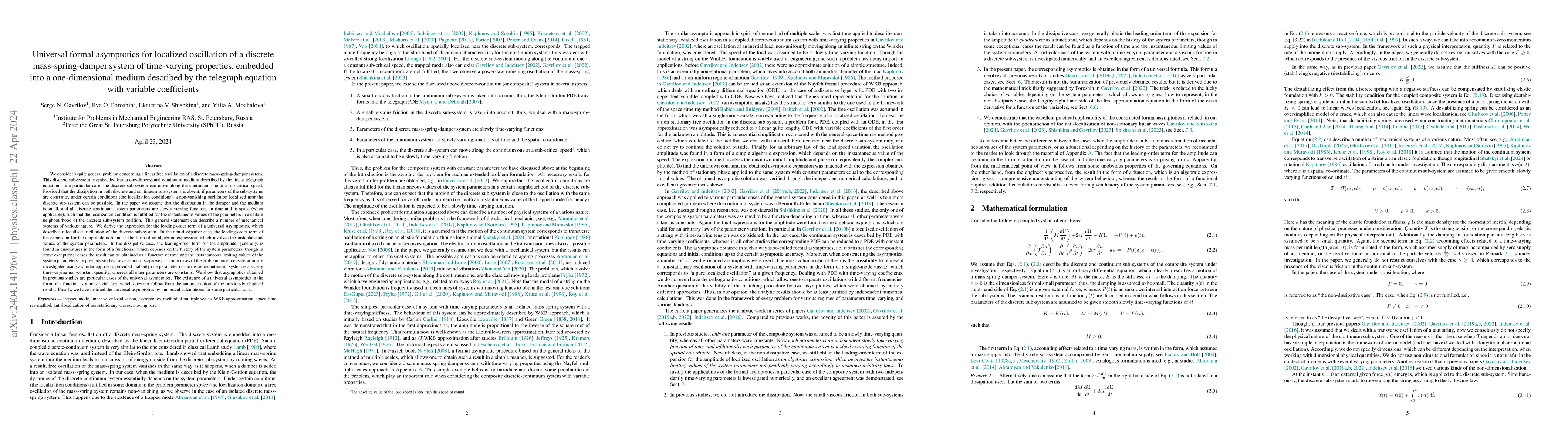 Thumbnail for Universal formal asymptotics for localized oscillation of a discrete
  mass-spring-damper system of time-varying properties, embedded into a
  one-dimensional medium described by the telegraph equation with variable
  coefficients