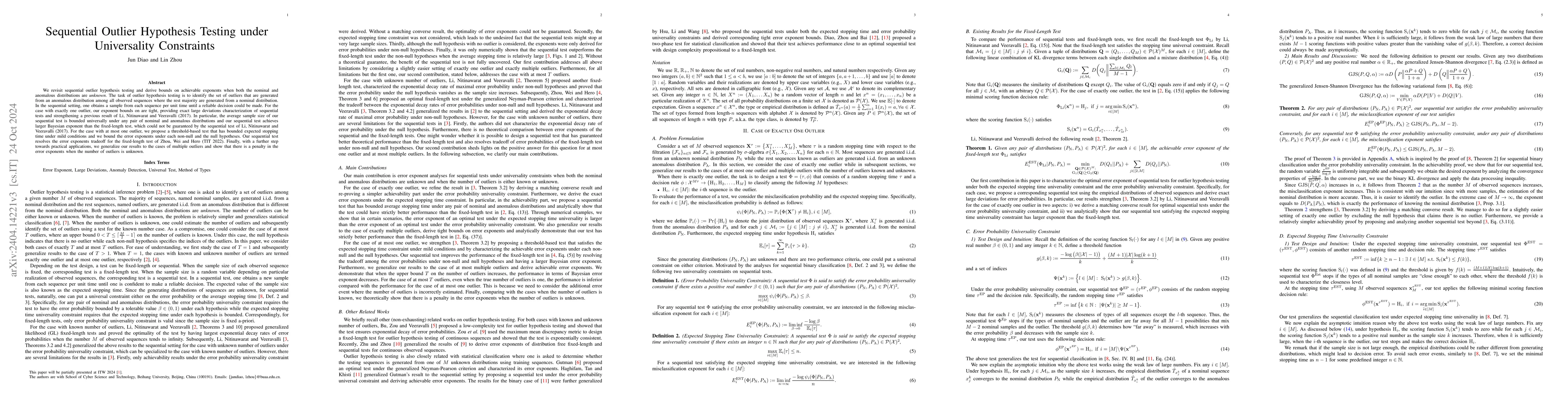 Thumbnail for Sequential Outlier Hypothesis Testing under Universality Constraints