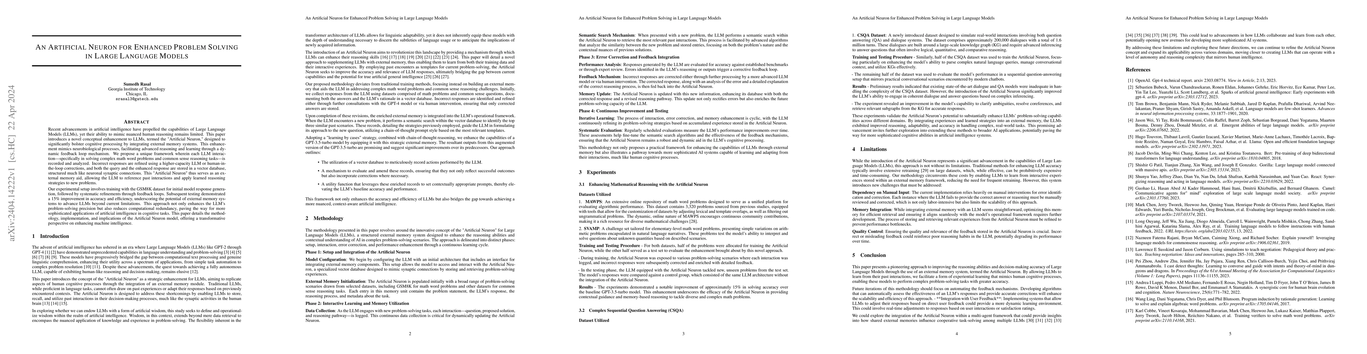 Thumbnail for An Artificial Neuron for Enhanced Problem Solving in Large Language
  Models
