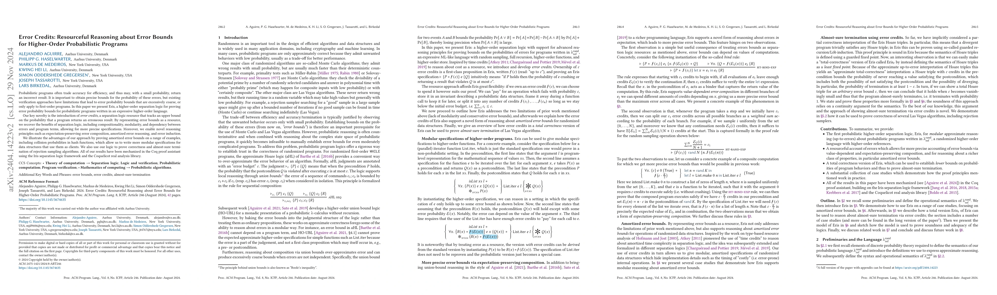 Thumbnail for Error Credits: Resourceful Reasoning about Error Bounds for Higher-Order
  Probabilistic Programs