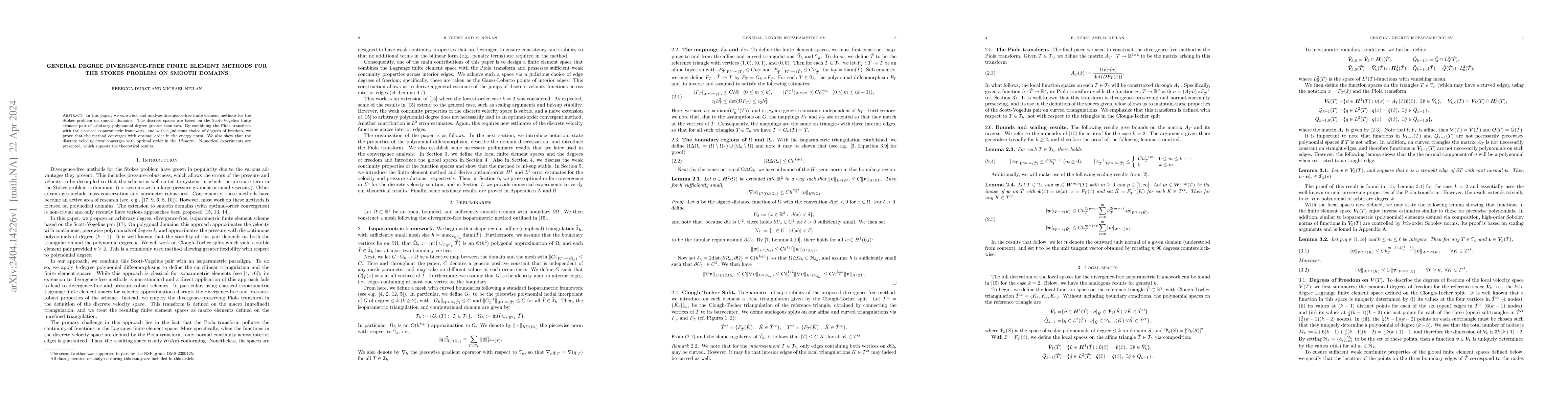 Thumbnail for General degree divergence-free finite element methods for the Stokes
  problem on smooth domains