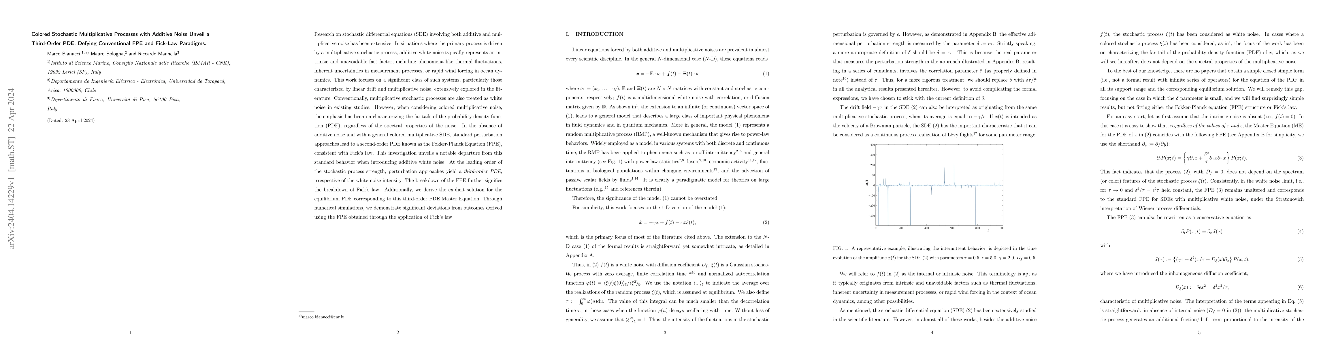 Thumbnail for Colored Stochastic Multiplicative Processes with Additive Noise Unveil a
  Third-Order PDE, Defying Conventional FPE and Fick-Law Paradigms