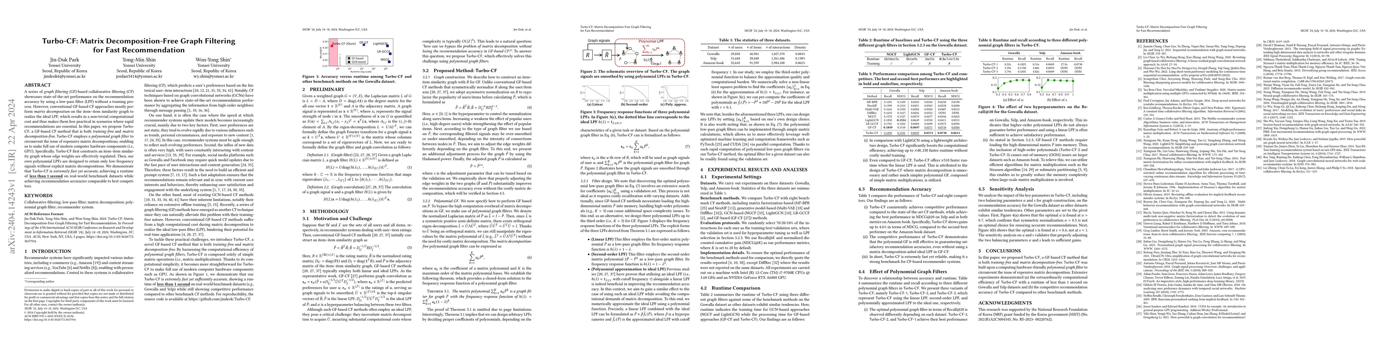 Thumbnail for Turbo-CF: Matrix Decomposition-Free Graph Filtering for Fast
  Recommendation