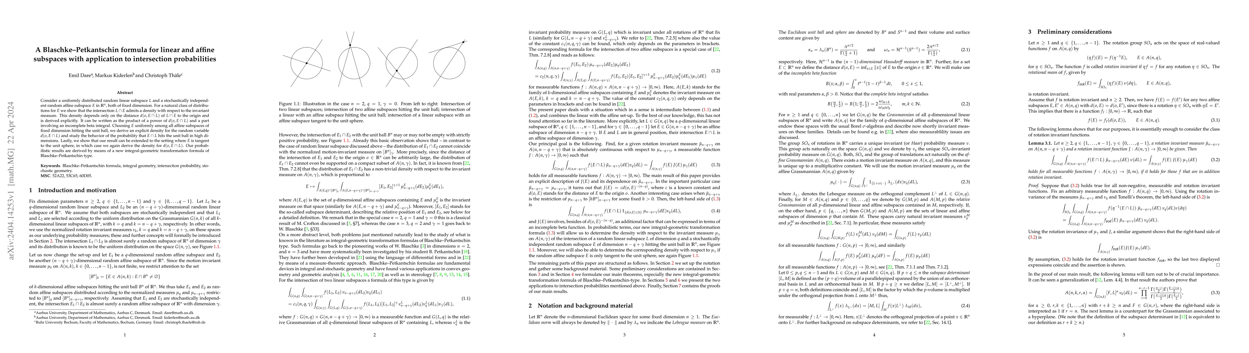 Thumbnail for A Blaschke-Petkantschin formula for linear and affine subspaces with
  application to intersection probabilities