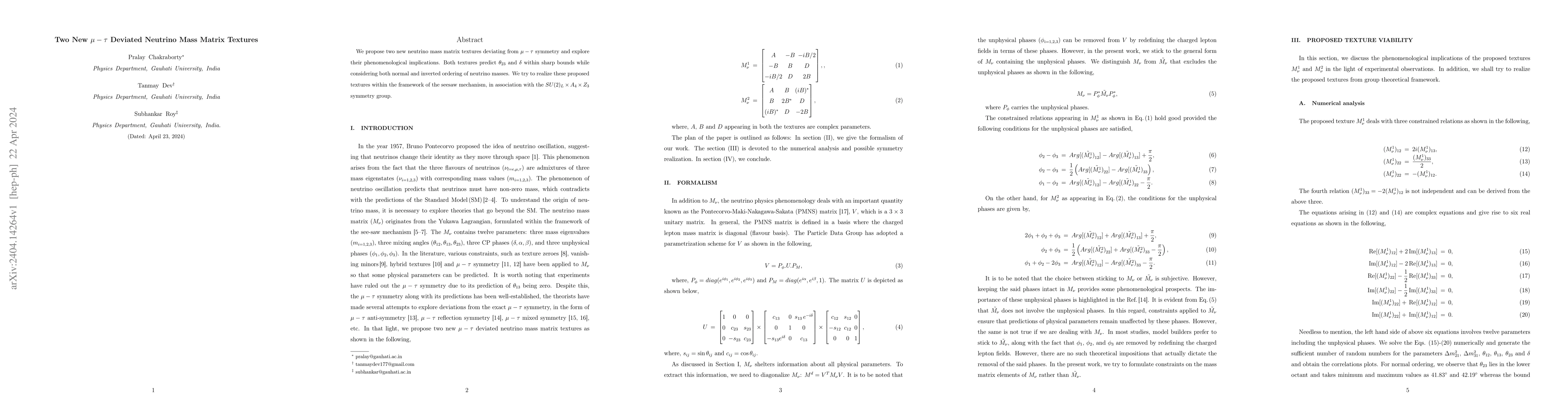 Thumbnail for Two New $\mu-\tau$ Deviated Neutrino Mass Matrix Textures