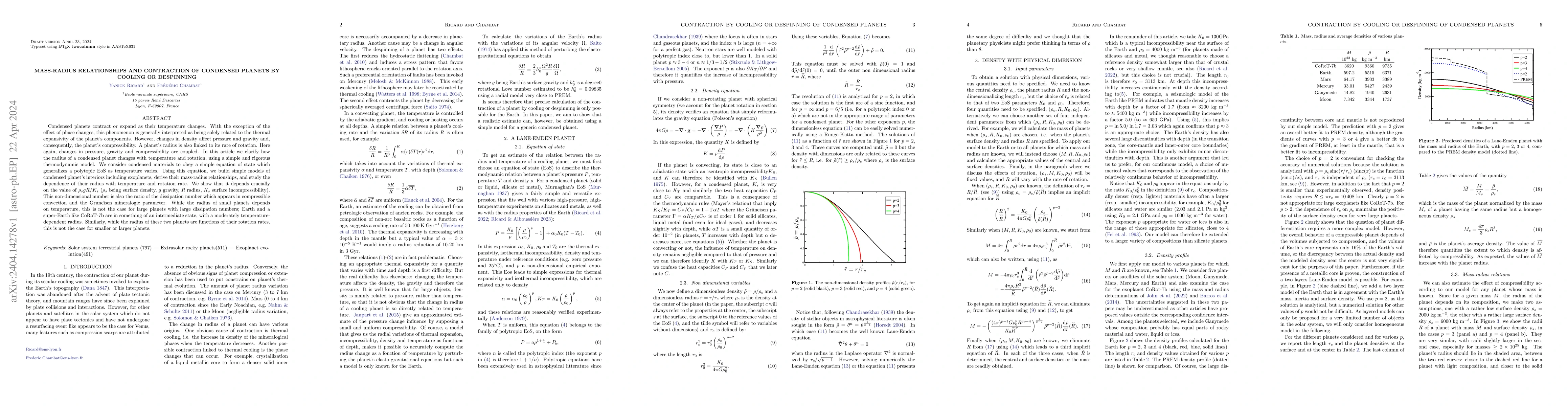 Thumbnail for Mass-radius relationships and contraction of condensed planets by
  cooling or despinning