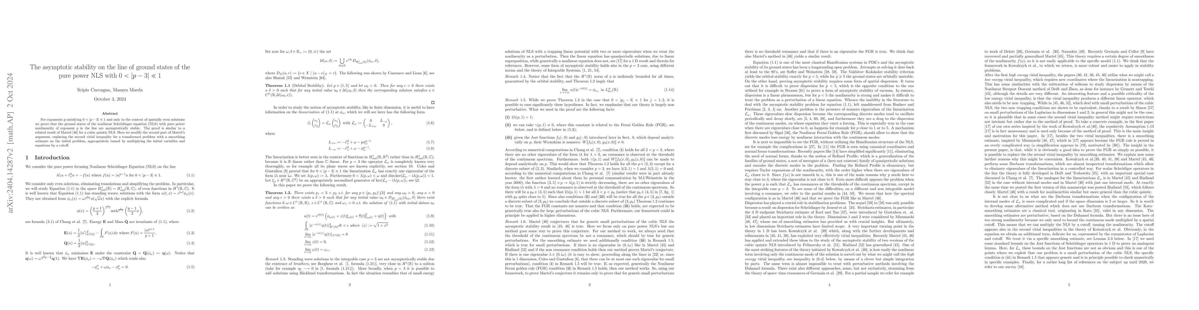 Thumbnail for The asymptotic stability on the line of ground states of the pure power
  NLS with $0<|p-3|\ll 1$