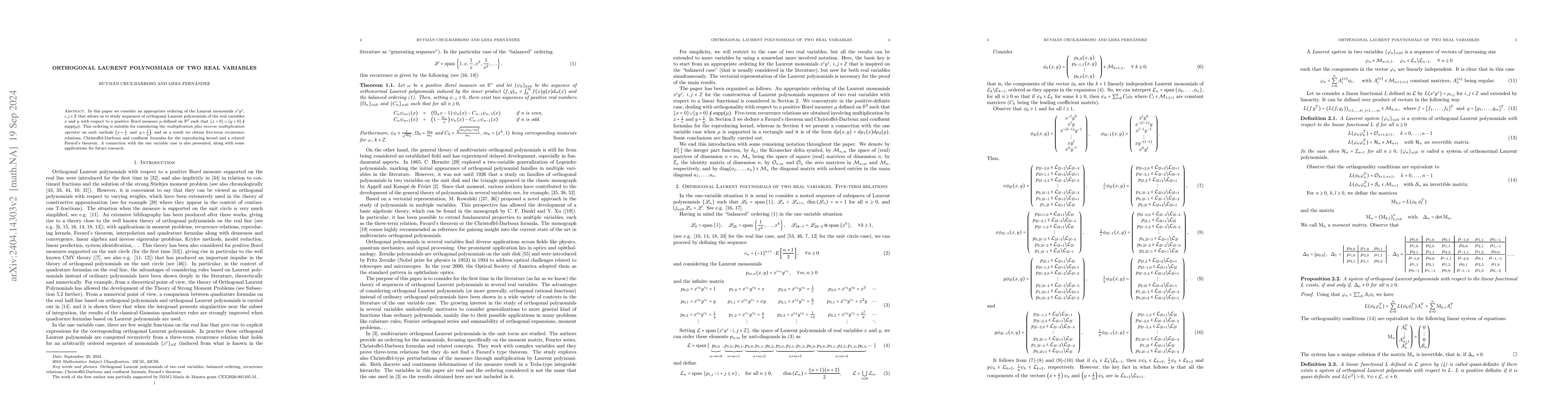 Thumbnail for Orthogonal Laurent polynomials of two real variables