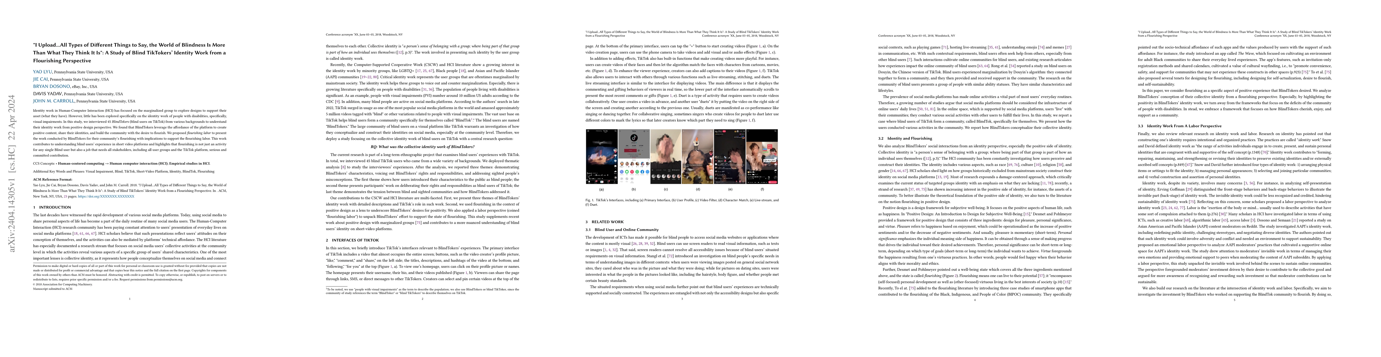 Thumbnail for "I Upload...All Types of Different Things to Say, the World of Blindness
  Is More Than What They Think It Is": A Study of Blind TikTokers' Identity
  Work from a Flourishing Perspective