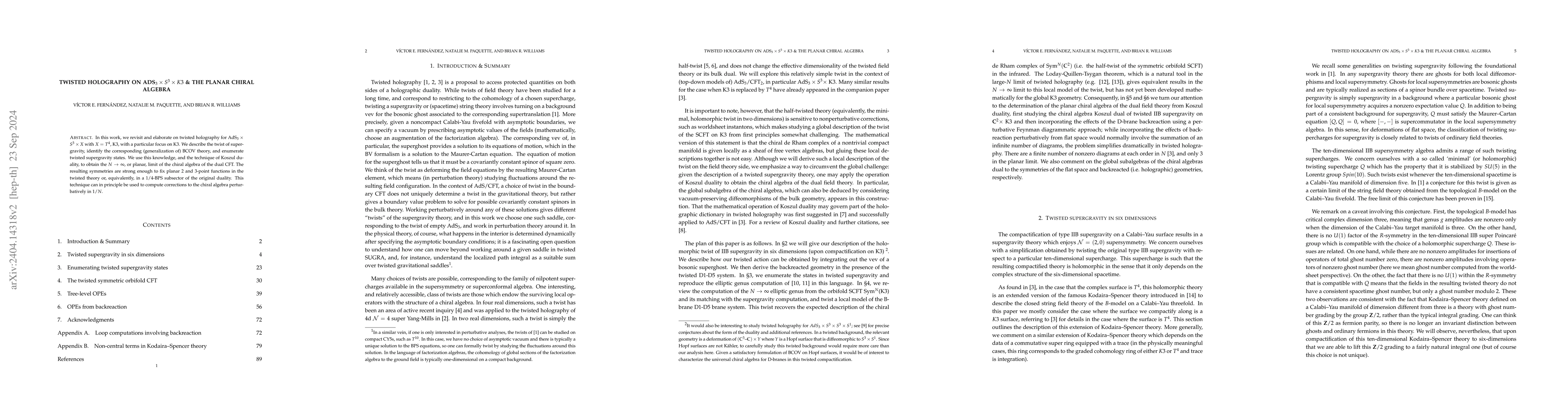 Thumbnail for Twisted holography on AdS$_3 \times S^3 \times K3$ & the planar chiral
  algebra
