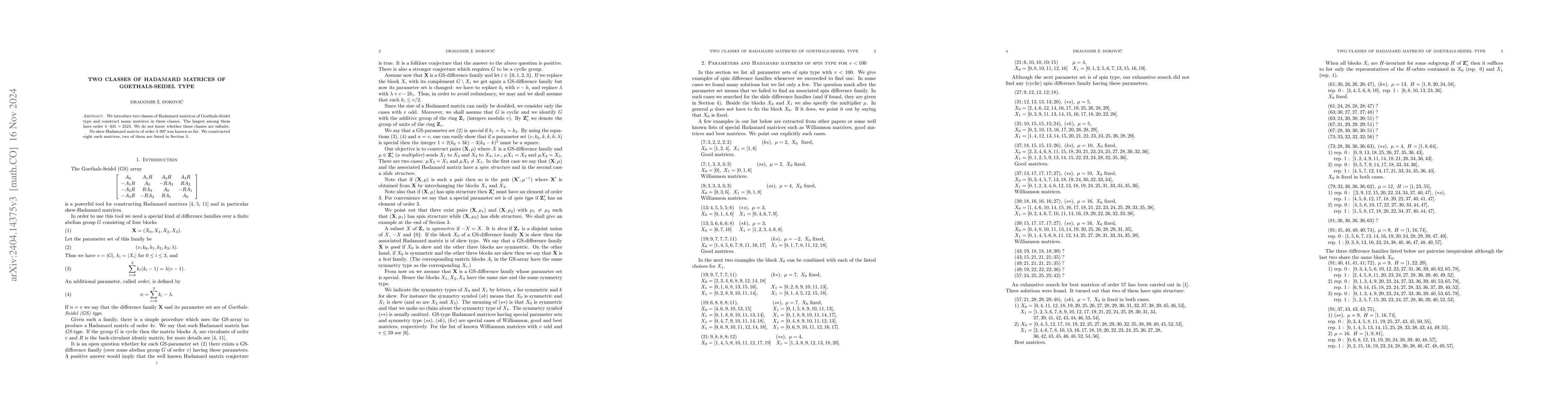 Thumbnail for Two classes of Hadamard matrices of Goethals-Seidel type