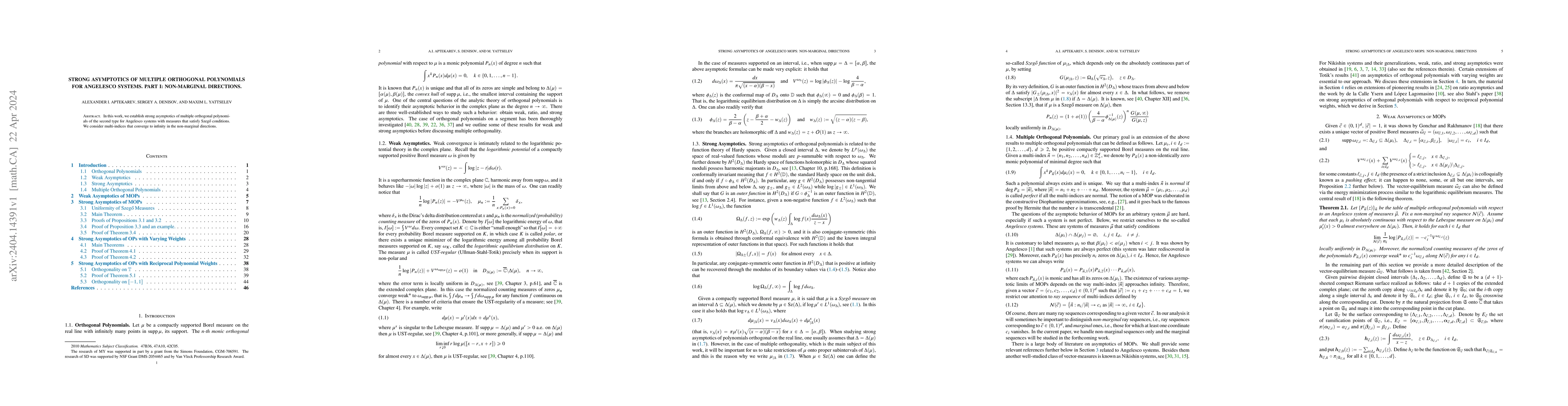 Thumbnail for Strong Asymptotics of Multiple Orthogonal Polynomials for Angelesco
  Systems. Part I: Non-Marginal Directions