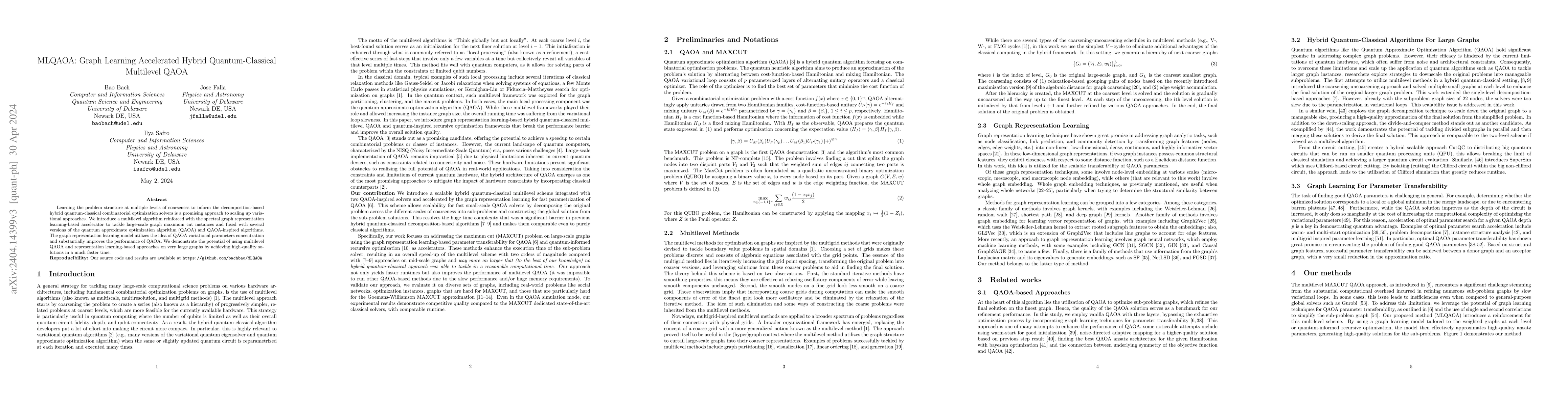 Thumbnail for MLQAOA: Graph Learning Accelerated Hybrid Quantum-Classical Multilevel
  QAOA